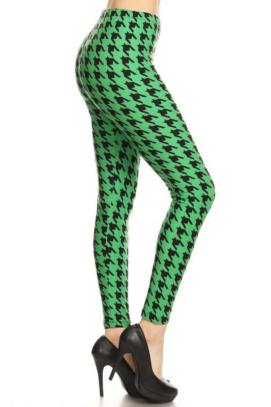 Green Houndstooth Print Leggings