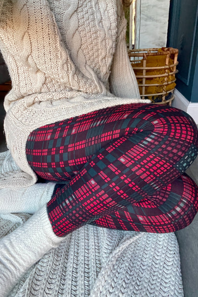 Yoga Waist 5" Red Plaid Print Leggings
