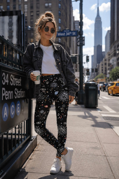 Yoga Waist 5" Black Sun & Moon Print Leggings Leggings