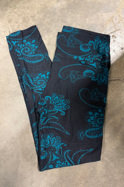 Yoga Waist Emerald Green Paisley Boho Print CURVY SIZE Leggings