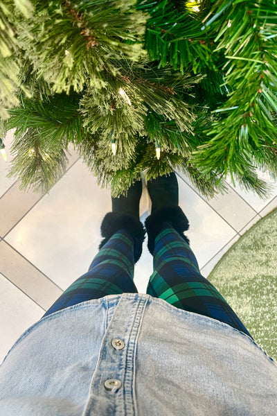 Yoga Waist 3" Green Plaid Print Leggings