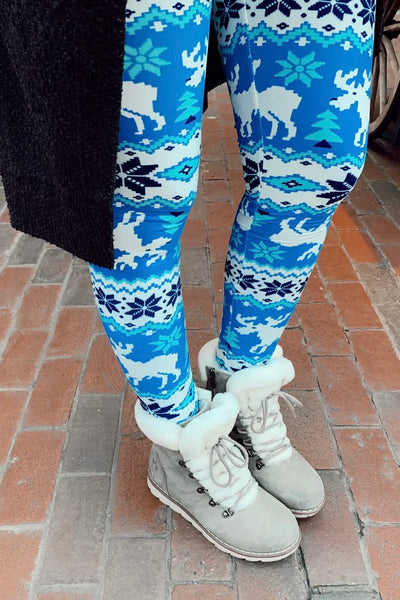 Blue/White Reindeer Print CURVY SIZE Leggings