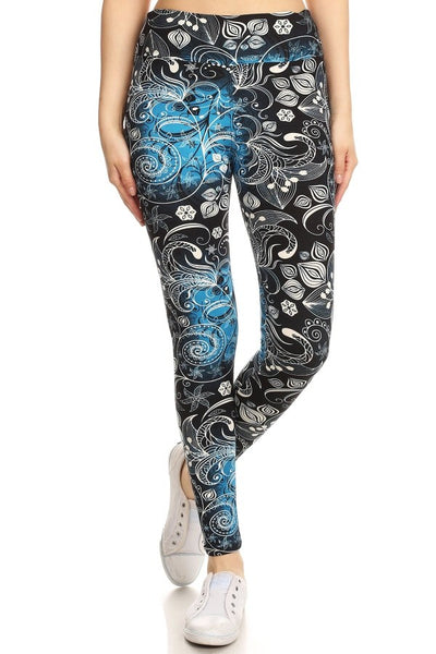 Yoga Waist 3" Blue Floral Boho Print Leggings