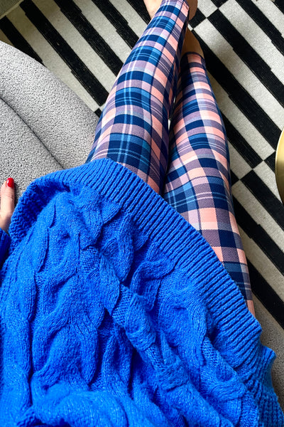 Yoga Waist 5" Blue/Pink Plaid Print Leggings