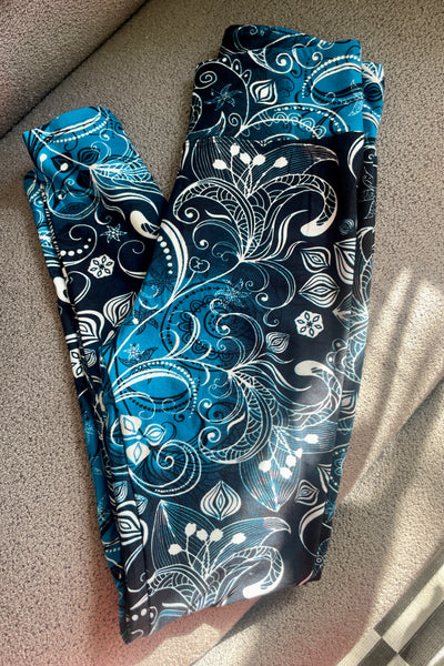 Yoga Waist 3" Blue Floral Boho Print Leggings