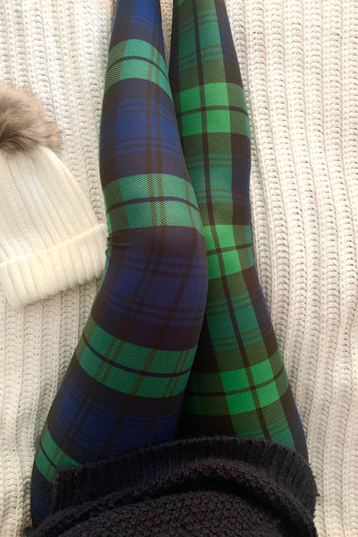 Yoga Waist 3" Green Plaid Print Leggings