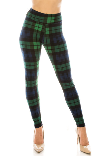 Yoga Waist 3" Green Plaid Print Leggings