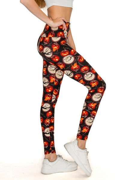 Yoga Waist 5" Halloween Moon/Pumpkin Print QUEEN SIZE Leggings