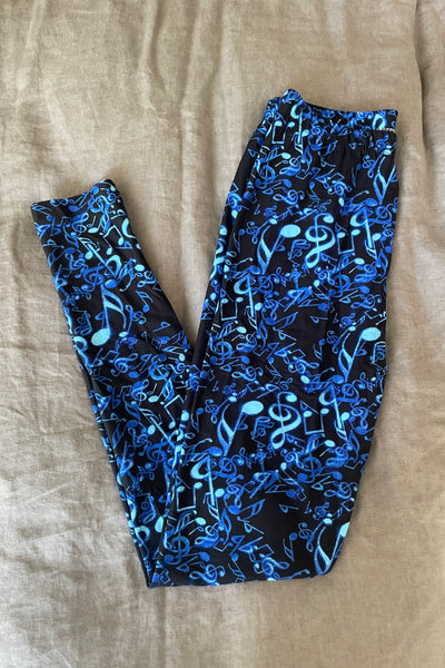 Yoga Waist 5" Music Notes Print Buttery Soft Leggings( Blue or Black)