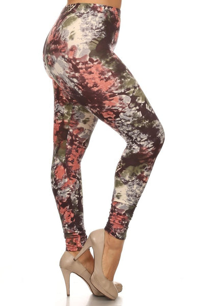 Yoga Waist 3” Olive Tie Dye Print Queen Size Leggings