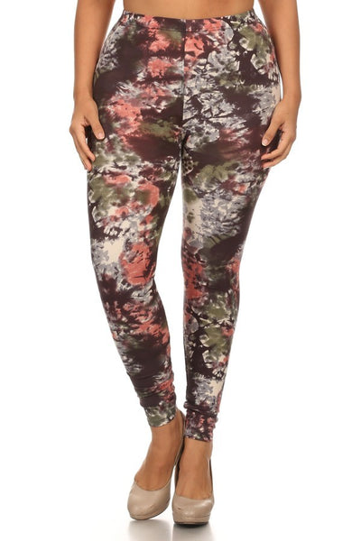 Yoga Waist 3” Olive Tie Dye Print Queen Size Leggings