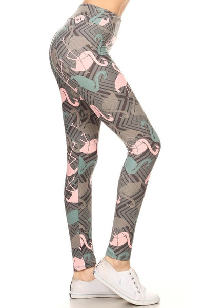 Yoga Waist 3” Pastel Flamingo Print Curvy Size Leggings