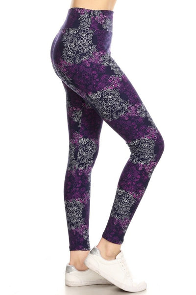 Yoga Waist 3" Purple Small Flower Boho Print Leggings