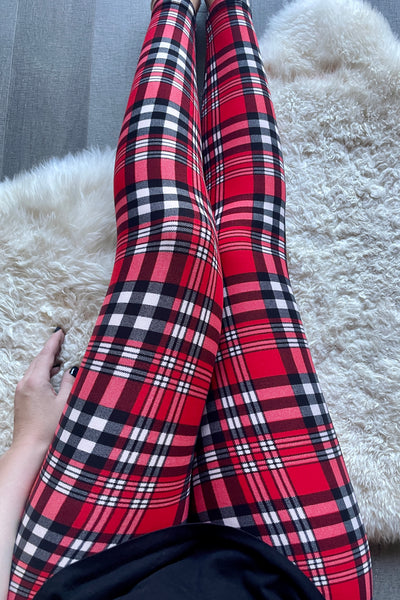 Yoga Waist 5" Red Plaid QUEEN SIZE Leggings