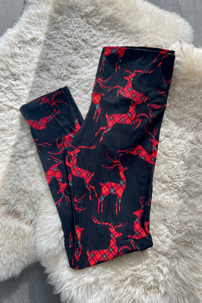 Yoga Waist 5" Reindeer Plaid Patch Print Leggings