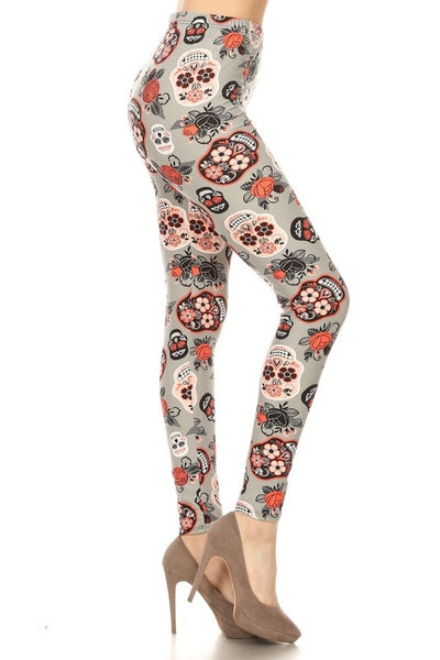 orange grey sugar skull halloween day of the dead buttery Soft Microfiber High Waist Fashion Patterned Celebrity Leggings for Women plus size