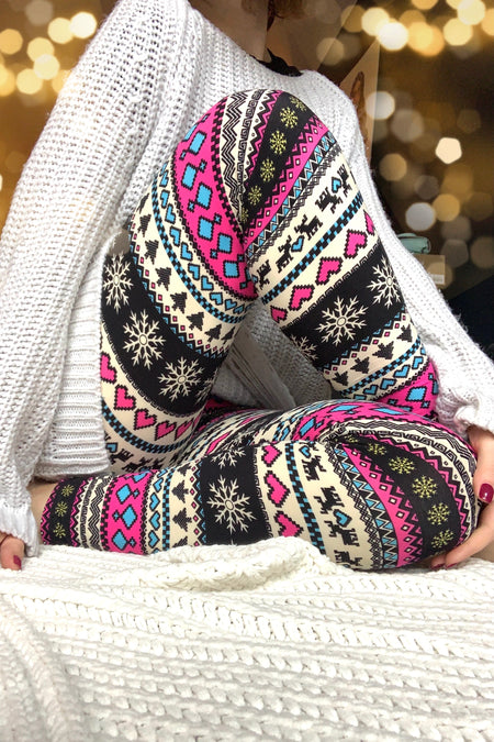 Yoga Waist Reindeer/Snowflake Print Leggings