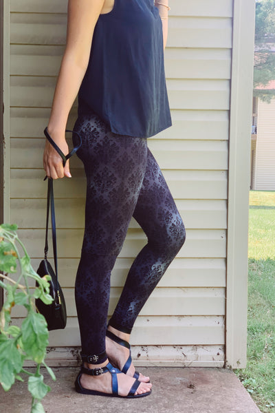 Gray Damask Regular Waist Print Leggings