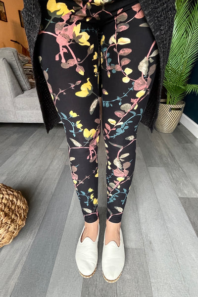 Yoga Waist 5 Inch Yellow Flower Print Leggings