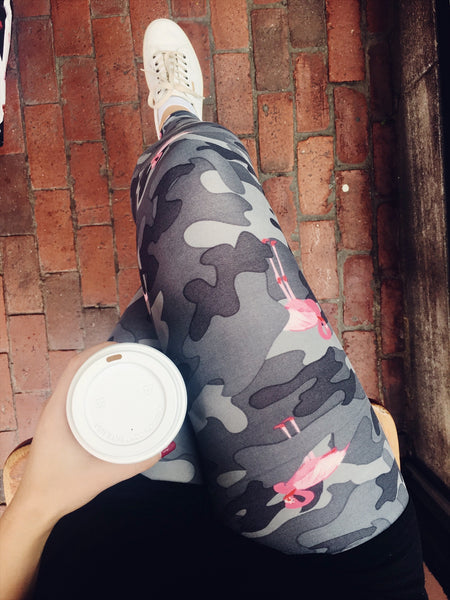 grey flamingo army camouflage yoga waist buttery Soft Microfiber High Waist Fashion Patterned Celebrity Leggings for Women one size