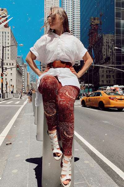 Yoga Waist 5" Burgundy Paisley Boho Print QUEEN SIZE Leggings