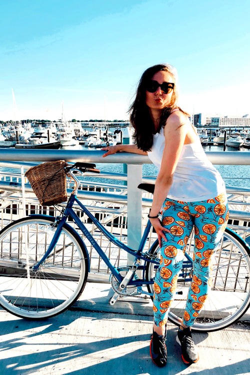 orange blue bicycle buttery Soft Microfiber High Waist Fashion Patterned Celebrity Leggings for Women one size