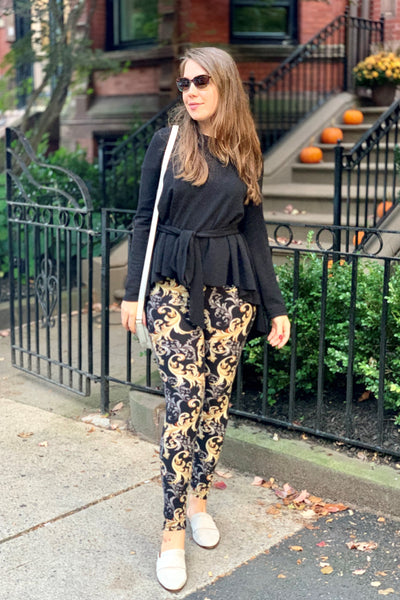 Yoga Waist 5 Inch Black Beige Paisley Boho Print Leggings