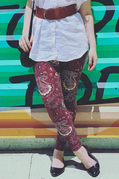 Yoga Waist 5" Burgundy Paisley Boho Print QUEEN SIZE Leggings