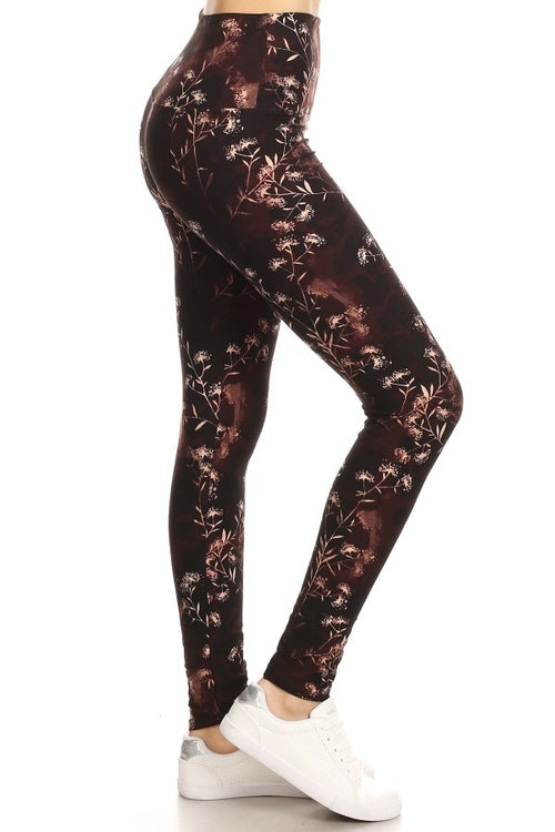 Yoga Waist 5" Brown Fall Leaves Print Leggings