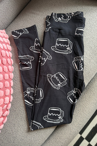 Yoga Waist 3” Black/White Coffee Cup Print Leggings