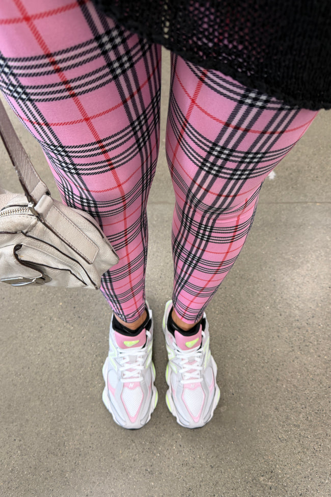 Yoga Waist 5" Pink Plaid Leggings
