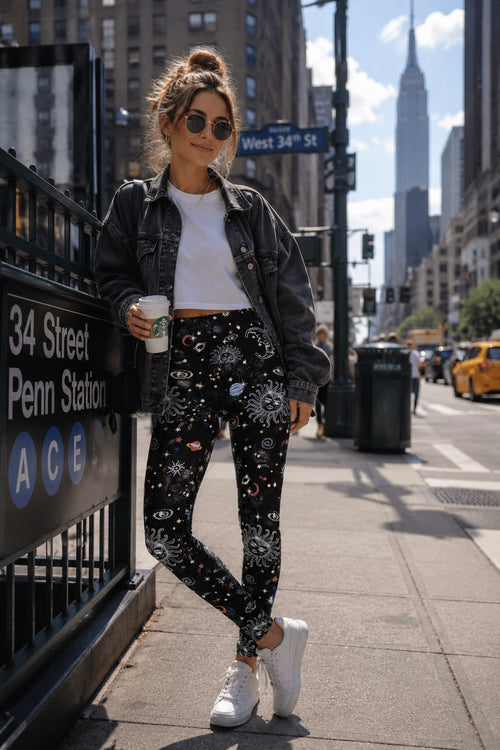 Yoga Waist 5" Black Sun & Moon Print Leggings Leggings