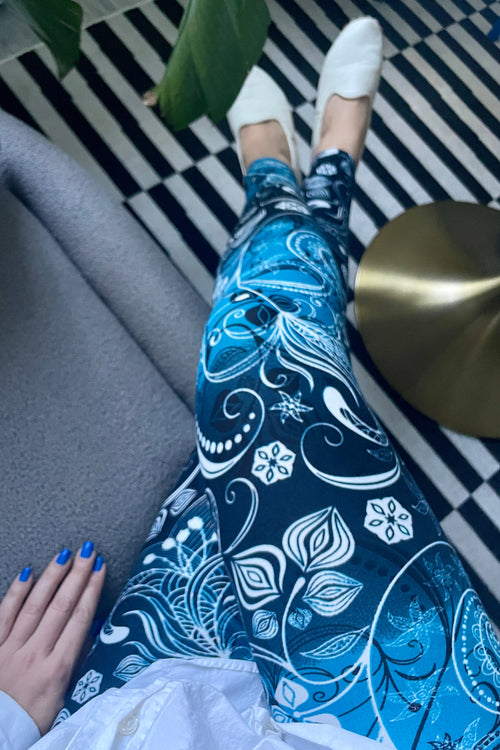 Yoga Waist 3" Blue Floral Boho Print Leggings