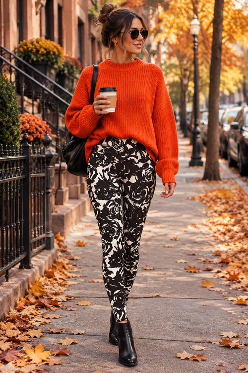 Yoga Waist 3" Black Rose Print Leggings