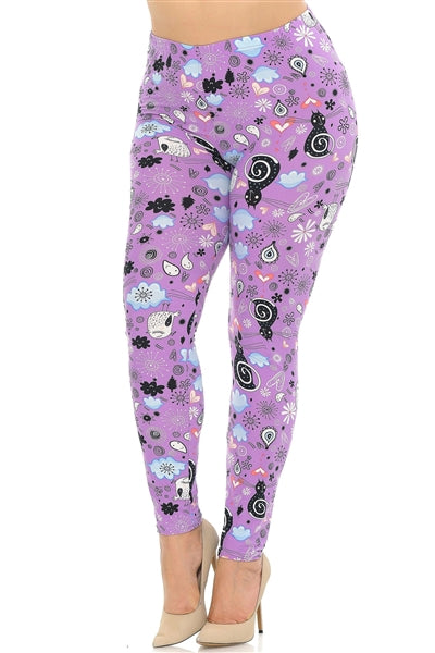 Lilac Cat Print CURVY SIZE Leggings