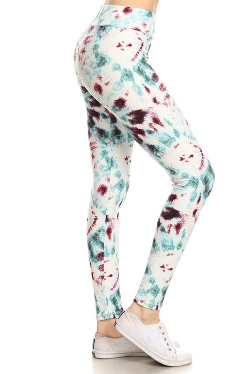 Yoga Waist 3" Teal/Burgundy/White Tie Dye Print Leggings