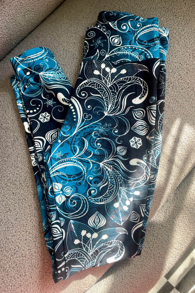 Yoga Waist 3" Blue Floral Boho Print Leggings