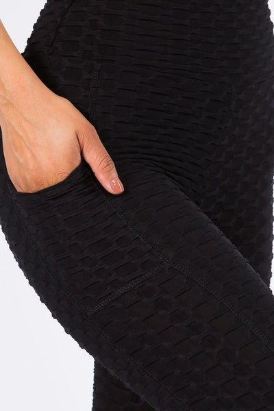 Yoga Waist Solid BUBBLE Textured Active Leggings with POCKETS