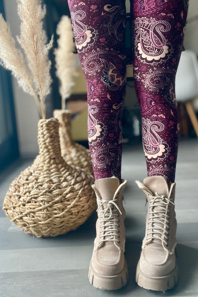 Yoga Waist 5" Burgundy Paisley Boho Print QUEEN SIZE Leggings