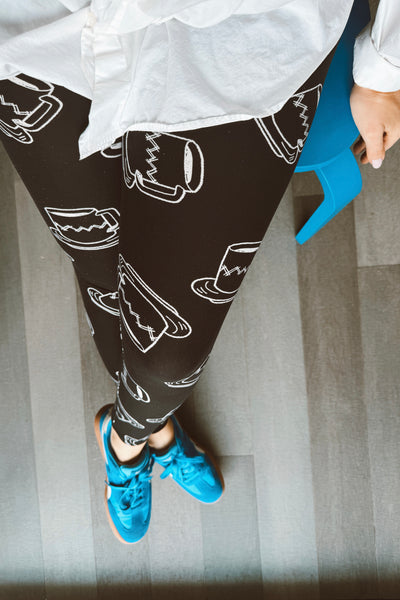 Yoga Waist 3” Black/White Coffee Cup Print Leggings
