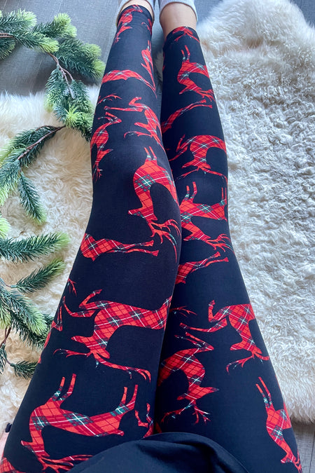 Yoga Waist (5 Inch) Black/Red Reindeer Print Leggings