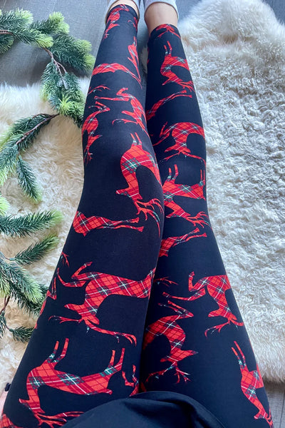 Yoga Waist 5" Plaid Reindeer Nordic Holiday Christmas Print Leggings