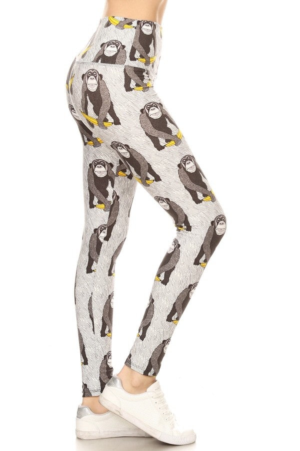 Yoga Waist 5 Inch Banana Monkey Print Leggings