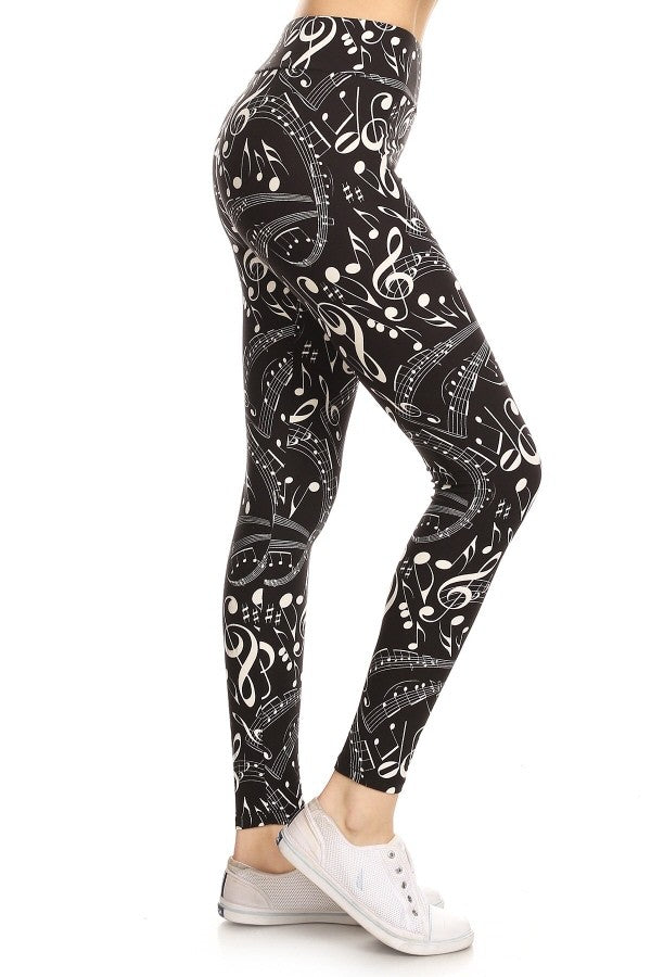 Yoga Waist 3" Music Notes Print Buttery Soft Leggings( Blue or Black)