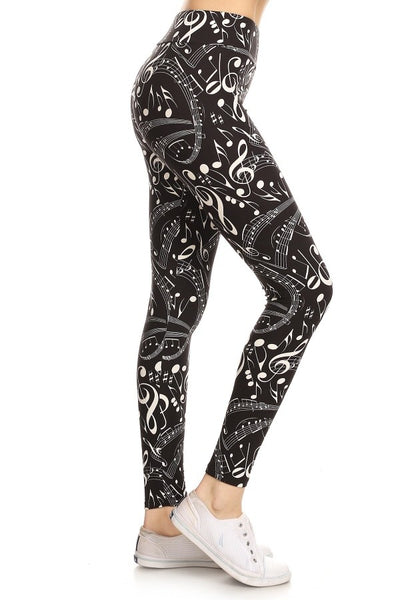 Yoga Waist 3" Music Notes Print Buttery Soft Leggings( Blue or Black)