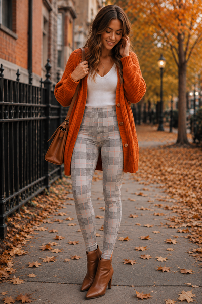 Yoga Waist 5" Gray/Orange Plaid Print Leggings
