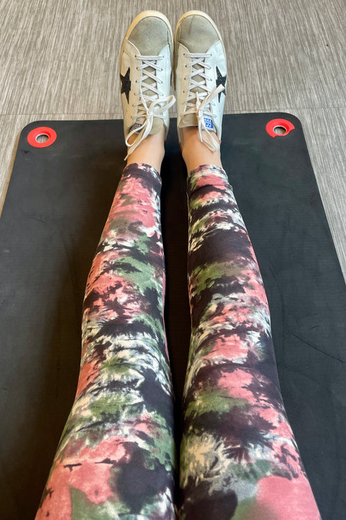Yoga Waist 5" Olive/Peach Tie Dye Print Leggings