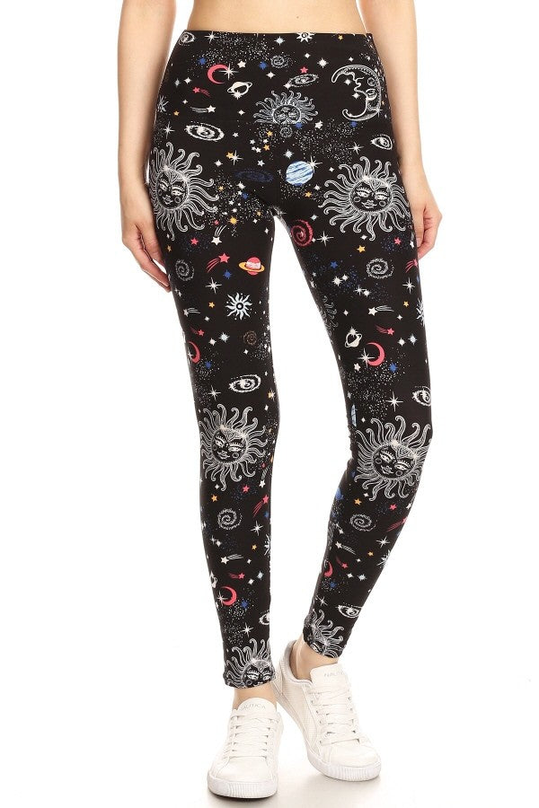 Yoga Waist 5" Black Sun & Moon Print Leggings Leggings