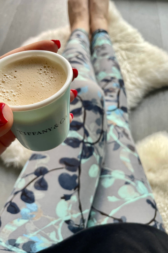 Yoga Waist Tiffany Blue Floral Print CURVY SIZE Leggings