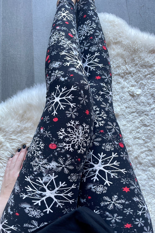 Yoga Waist Black/White Snowflake Print Leggings